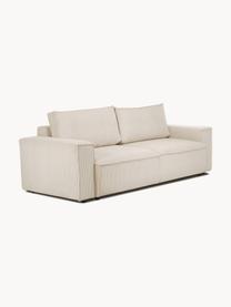 Divano letto 3 posti in velluto a coste beige con contenitore Nihad, Rivestimento: corda di poliestere, Sottostruttura: legno, molle Nosag, Piedini: plastica, Velluto a coste beige, nero, Larg. 245 x Prof. 102 cm