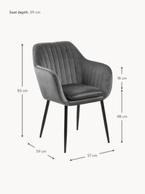 Sametová židle s područkami a kovovými nohami Emilia, Tmavě šedá, černá, Š 57 cm, H 59 cm