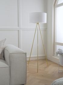 Tripod vloerlamp Cella met stoffen lampenkap, Lampenkap: katoenmix, Lampvoet: metaal, Wit, goudkleurig, H 147 cm