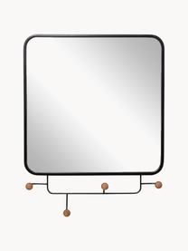Perchero de pared con espejo Gina, Estructura: metal recubierto, Espejo: cristal, Negro, madera de abeto, An 50 x Al 65 cm