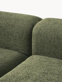 Modulares Ecksofa Natalie aus Teddy-Bouclé, Bezug: Teddy-Bouclé (100 % Polye, Gestell: mitteldichte Holzfaserpla, Sockel: Massives Buchenholz, lack, Teddy-Bouclé Dunkelgrün, dunkles Buchenholz, B 337 x T 197 cm, Eckteil links