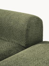 Modulares Ecksofa Natalie aus Teddy-Bouclé, Bezug: Teddy-Bouclé (100 % Polye, Gestell: mitteldichte Holzfaserpla, Sockel: Massives Buchenholz, lack, Teddy-Bouclé Dunkelgrün, dunkles Buchenholz, B 337 x T 197 cm, Eckteil links