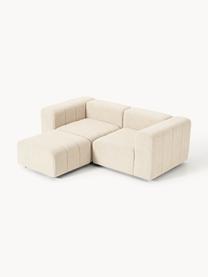 Divano componibile 3 posti in bouclé con poggiapiedi Lena, Rivestimento: bouclé (93% poliestere, 6, Struttura: legno di faggio, truciola, Piedini: plastica, Bouclé beige chiaro, Larg. 211 x Prof. 181 cm