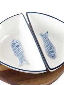 Set de servir Ryba, 3 pzas., Cuencos: Porcelana, Bandeja: Madera de acacia, Blanco, azul, An 24 x Al 5 cm