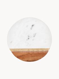 Marmerenonderzetter Marble Kitchen met houten details, 4 stuks, Marmer, acaciahout, messing, Wit, gemarmerd, helder hout, Ø 10 x H 2 cm