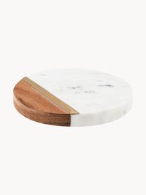 Marmerenonderzetter Marble Kitchen met houten details, 4 stuks, Marmer, acaciahout, messing, Wit, gemarmerd, helder hout, Ø 10 x H 2 cm