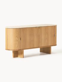 Holz-Sideboard Zumi mit abgerundeten Ecken und Travertinplatte, Korpus: Mitteldichte Holzfaserpla, Ablagefläche: Travertin, Griffe: Metall, Eichenholz, Travertin Beigetöne, B 160 x H 75 cm