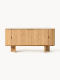 Holz-Sideboard Zumi mit abgerundeten Ecken und Travertinplatte, Korpus: Mitteldichte Holzfaserpla, Ablagefläche: Travertin, Griffe: Metall, Eichenholz, Travertin Beigetöne, B 160 x H 75 cm