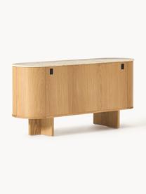 Holz-Sideboard Zumi mit abgerundeten Ecken und Travertinplatte, Korpus: Mitteldichte Holzfaserpla, Ablagefläche: Travertin, Griffe: Metall, Eichenholz, Travertin Beigetöne, B 160 x H 75 cm