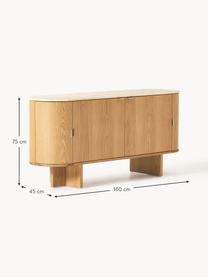 Holz-Sideboard Zumi mit abgerundeten Ecken und Travertinplatte, Korpus: Mitteldichte Holzfaserpla, Ablagefläche: Travertin, Griffe: Metall, Eichenholz, Travertin Beigetöne, B 160 x H 75 cm