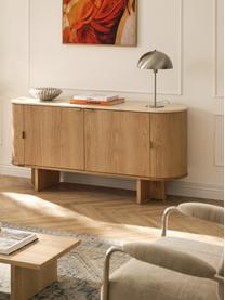 Credenza in legno con angoli arrotondati e piano in travertino Zumi, Legno di quercia, travertino tonalità beige, Larg. 160 x Alt. 75 cm