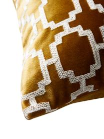 Housse de coussin 43x43 velours brodé jaune moutarde Simone, Jaune moutarde, blanc cassé