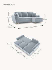 Sofa narożna z aksamitu z funkcją spania i miejscem do przechowywania Moghan (3-osobowa), Tapicerka: 100% aksamit poliestrowy , Stelaż: lite drewno sosnowe, płyt, Nogi: metal powlekany, Jasnoniebieski aksamit, odcienie mosiądzu, S 241 x G 145 cm, prawostronna