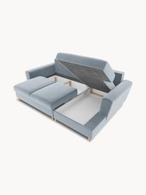 Sofá rinconera cama de terciopelo Moghan (3 plazas), con espacio de almacenamiento, Tapizado: 100% terciopelo de poliés, Estructura: madera de pino maciza, ag, Patas: metal revestido, Terciopelo azul claro, patas latón, An 241 x F 145 cm, chaise longue derecha