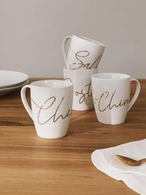 Set de tazas de porcelana Cheers, 4 uds., Porcelana, Blanco, dorado, Ø 9 x Al 10 cm, 380 ml