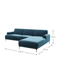 Divano angolare in velluto blu scuro Prado, Rivestimento: 100% velluto di poliester, Sottostruttura: compensato, legno di fagg, Piedini: metallo verniciato, Blu scuro, Larg. 240 x Alt. 165 cm