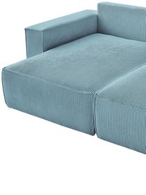 Sofá rinconero cama de pana Nihad, con espacio de almacenamiento, Tapizado: pana de poliéster, Patas: plástico, Azul claro, An 282 x F 153 cm