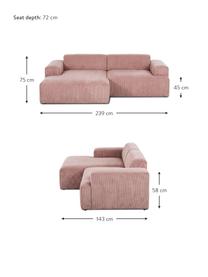 Sofa narożna ze sztruksu Melva (3-osobowa), Tapicerka: sztruks (92% poliester, 8, Stelaż: lite drewno sosnowe, cert, Nogi: tworzywo sztuczne, Brudnoróżowy sztruks, S 239 x G 143 cm, lewostronna