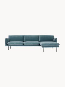 Sofa narożna z aksamitu Moby, Tapicerka: aksamit (wysokiej jakości, Stelaż: lite drewno sosnowe z cer, Nogi: metal malowany proszkowo, Petrol aksamit, S 280 x G 160 cm, lewostronna