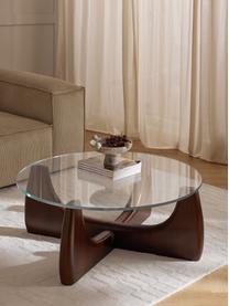 Tavolino rotondo da salotto in legno con piano in vetro Miya, Gambe: legno di pioppo massiccio, Legno di pioppo laccato marrone scuro, trasparente, Ø 100 x Alt. 40 cm