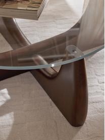 Tavolino rotondo da salotto in legno con piano in vetro Miya, Gambe: legno di pioppo massiccio, Legno di pioppo laccato marrone scuro, trasparente, Ø 100 x Alt. 40 cm