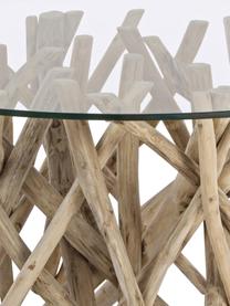 Konferenční stolek s teakovou podstavou Samira, Deska stolu: transparentní Rám: bělené teakové dřevo s antickou úpravou