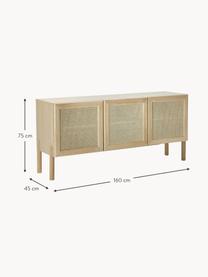 Eichenholz-Sideboard Jolie mit Wiener Geflecht, Korpus: Mitteldichte Holzfaserpla, Beine: Eichenholz, massiv, Eichenholz, Beige, B 160 x H 75 cm