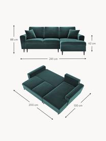 Divano letto angolare 3 posti in velluto con contenitore Moghan, Rivestimento: velluto di poliestere Il , Struttura: legno massiccio di pino, , Piedini: metallo laccato, Velluto petrolio, Larg. 241 x Prof. 145 cm, chaise-longue a sinistra