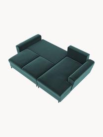 Sofá rinconera cama de terciopelo Moghan (3 plazas), con espacio de almacenamiento, Tapizado: terciopelo de poliéster A, Estructura: madera de pino maciza, ma, Patas: metal pintado, Terciopelo azul petróleo, patas negro, An 241 x F 145 cm, chaise longue izquierda