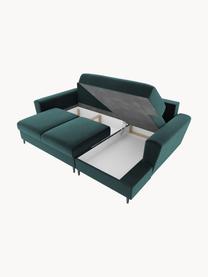 Fluwelen hoekbank Moghan (3-zits) met slaapfunctie en opbergruimte, Bekleding: polyester fluweel Met 50., Frame: massief grenen, triplex, , Poten: metaal, gelakt, Fluweel petrol, B 241 x D 145 cm, hoekdeel links