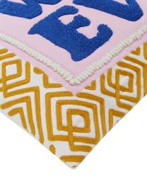 Kussenhoes Whatever met geborduurde tekst, Mosterdgeel, lichtroze, donkerblauw, B 30 x L 50 cm