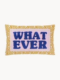 Kussenhoes Whatever met geborduurde tekst, Mosterdgeel, lichtroze, donkerblauw, B 30 x L 50 cm