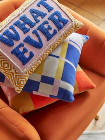 Poszewka na poduszkę z haftem Whatever, Musztardowy, jasny różowy, ciemny niebieski, S 30 x D 50 cm