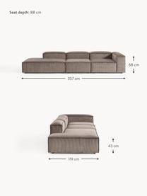 Chaise longue XL componibile in velluto a coste Lennon, Rivestimento: velluto a coste (92% poli, Struttura: legno di pino massiccio, , Piedini: plastica I piedini si tro, Velluto a coste taupe, Larg. 357 x Prof. 119 cm, schienale a destra