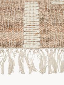 Handgemaakt jute vloerkleed Kerala met franjes, 68% jute, 23% katoen, 9% wol, Bruin, crèmewit, B 80 x L 150 cm (maat XS)