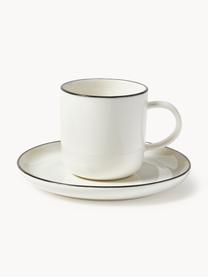 Tazas con platitos de porcelana Facile, 2 uds., Porcelana dura de alta calidad (aprox. 50% caolín, 25% cuarzo y 25% feldespato), Off White con borde negro, Ø 8 x Al 8 cm, 250 ml