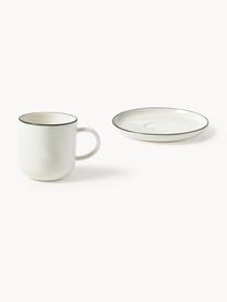 Tazas con platitos de porcelana Facile, 2 uds., Porcelana dura de alta calidad (aprox. 50% caolín, 25% cuarzo y 25% feldespato), Off White con borde negro, Ø 8 x Al 8 cm, 250 ml