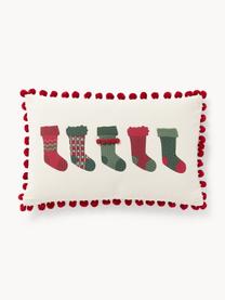 Kissenhülle Coldin mit winterlichem Motiv und Pompons, 100 % Baumwolle, Dunkelgrün, Rot, Off White, B 30 x L 50 cm