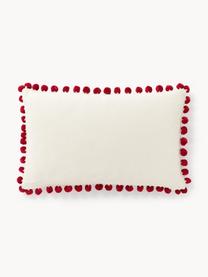 Housse de coussin avec motif hivernal et pompons Coldin, 100 % coton, Vert foncé, rouge, blanc cassé, larg. 30 x long. 50 cm