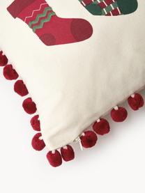 Kissenhülle Coldin mit winterlichem Motiv und Pompons, 100 % Baumwolle, Dunkelgrün, Rot, Off White, B 30 x L 50 cm