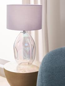 Grosse Tischlampe Leia mit irisierendem Glasfuss, Lampenschirm: Textil, Lila, Transparent, irisierend, Ø 30 x H 53 cm