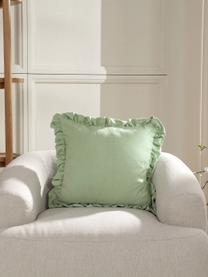 Housse de coussin 45x45 avec volants Camille, 60 % polyester, 25 % coton, 15 % lin, Vert menthe, larg. 45 x long. 45 cm