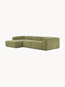 Modulares Ecksofa Lennon aus Cord, Bezug: Cord (92 % Polyester, 8 %, Gestell: Massives Kiefernholz, Spe, Füße: Kunststoff Dieses Produkt, Cord Olivgrün, B 327 x T 180 cm, Eckteil links