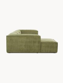 Modulares Ecksofa Lennon aus Cord, Bezug: Cord (92 % Polyester, 8 %, Gestell: Massives Kiefernholz, Spe, Füße: Kunststoff Dieses Produkt, Cord Olivgrün, B 327 x T 180 cm, Eckteil links