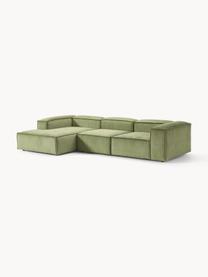 Sofá rinconera modular de pana Lennon, Tapizado: pana (92% poliéster, 8% p, Estructura: madera de pino maciza, ma, Patas: plástico Este producto es, Pana verde oliva, An 327 x F 180 cm, chaise longue izquierda