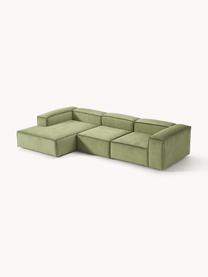 Modulares Ecksofa Lennon aus Cord, Bezug: Cord (92 % Polyester, 8 %, Gestell: Massives Kiefernholz, Spe, Füße: Kunststoff Dieses Produkt, Cord Olivgrün, B 327 x T 180 cm, Eckteil links