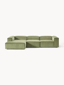 Modulares Ecksofa Lennon aus Cord, Bezug: Cord (92 % Polyester, 8 %, Gestell: Massives Kiefernholz, Spe, Füße: Kunststoff Dieses Produkt, Cord Olivgrün, B 327 x T 180 cm, Eckteil links