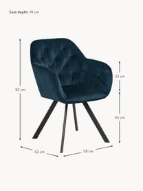 Sedia girevole con braccioli in velluto Lucie, Rivestimento: velluto (100 % poliestere, Gambe: metallo verniciato a polv, Velluto blu scuro, nero opaco, Larg. 58 x Prof. 62 cm