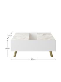 Mesa de centro en look mármol Frida, con espacio de almacenamiento, Estructura: aglomerado, recubierto de, Tablero: aglomerado, revestido de , Patas: madera revestida, Blanco, latón, An 90 x Al 34 cm