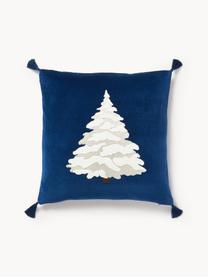 Copricuscino in cotone con motivo albero di Natale Amara, Rivestimento: velluto (100% cotone), Blu scuro, bianco, beige chiaro, Larg. 50 x Lung. 50 cm